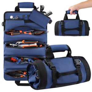 Blue Heavy Duty Tool Organizer Roll Up, Hanging on the Wall and Car